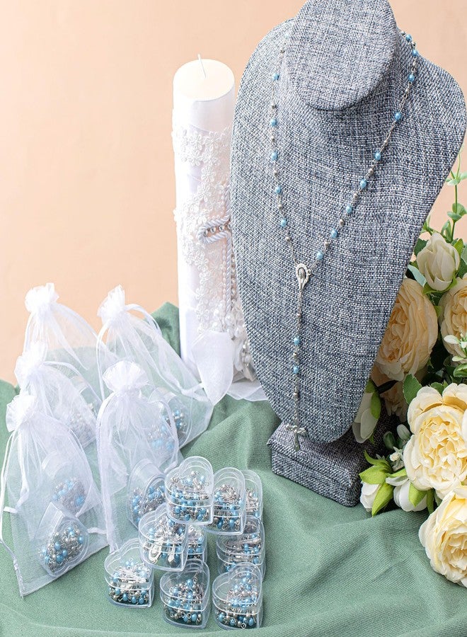 ROCEEI 24 Pcs Catholic Rosary Necklace 4 mm Glass Beads Rosary Favors Crucifix Prayer with Faux Pearl with Heart Shaped Box and Organza Bag for First Communion Baptism (Blue) - Image 5